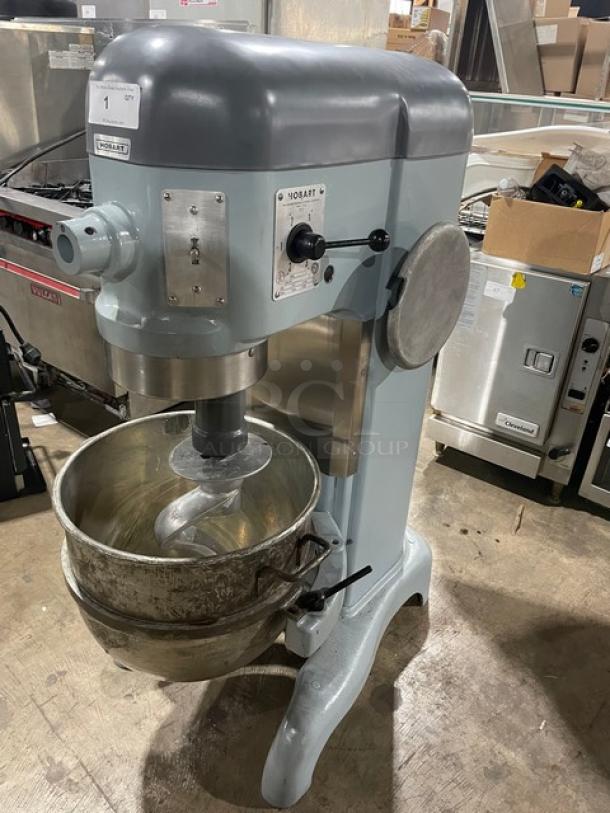 Hobart H600 commercial mixer, 60 qt., with stainless steel bowl and spiral dough hook, 208V 3 phase, on legs.