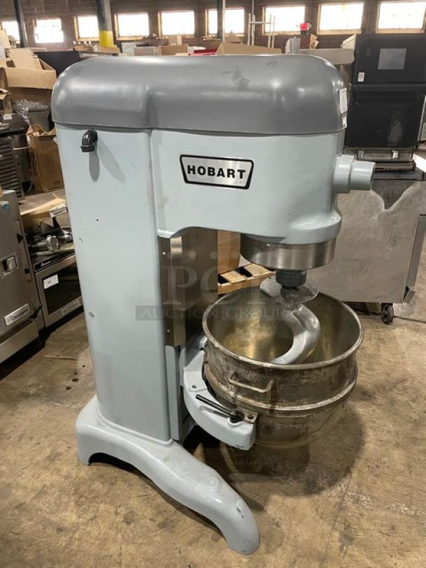 Hobart H600 commercial mixer, 60 qt capacity, with stainless steel bowl and spiral dough hook, 208V 3-phase, on legs.