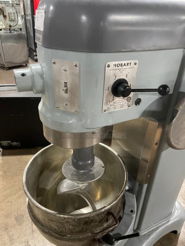 Hobart H600 60 qt. commercial mixer with stainless bowl and spiral dough hook, model SN: 1661999, 208V, 3-phase, on legs.