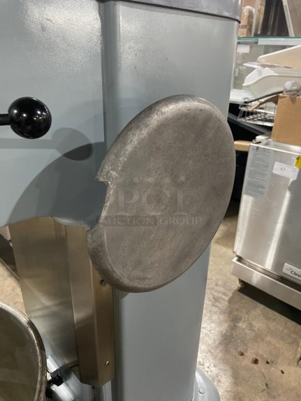 Hobart H600 60 Qt. commercial mixer with stainless steel bowl and spiral dough hook attachment, on legs, 208V 3 Phase.