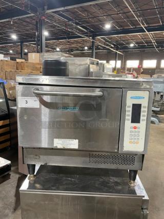 TurboChef NGC stainless steel electric rapid cook oven with digital controls on ventless cart. Includes double undershelf, model NGCD643446.