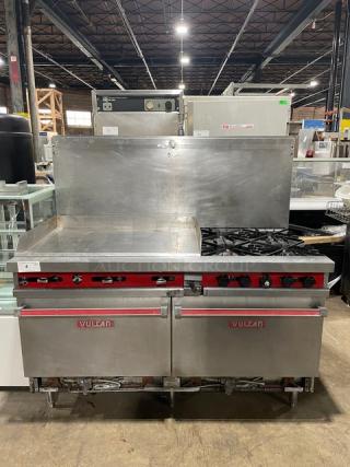 Vulcan commercial stainless steel gas flat griddle with split top, 4-burner range, double oven combo. Includes backsplash, oven racks, on legs.