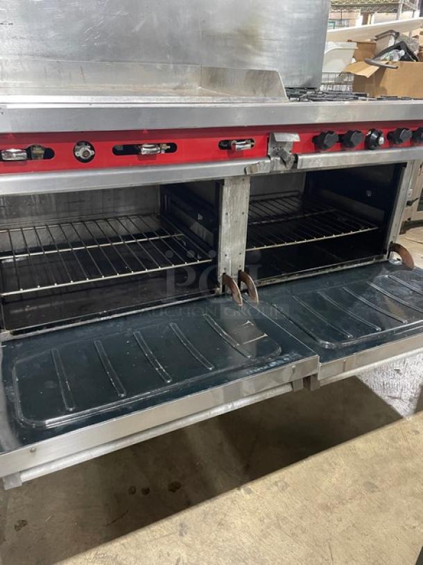 Vulcan commercial stainless steel natural gas flat griddle split top with 4-burner range, double ovens, backsplash, wired racks.