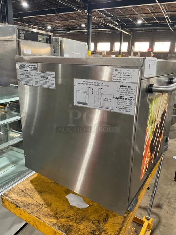 MerryChef Eikon E3 rapid cook oven, 2017 model, stainless steel, electric, EasyTouch touchscreen, labels with specs.