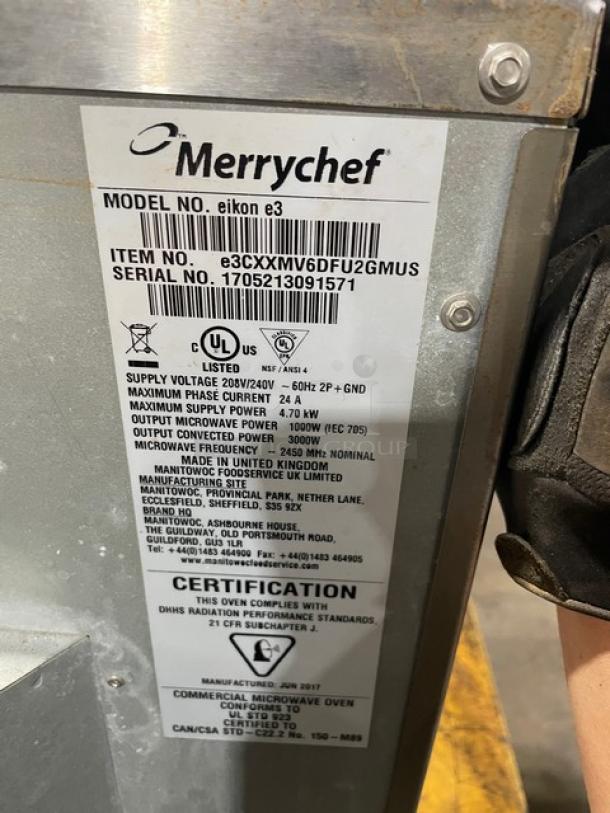 MerryChef Eikon E3 rapid cook oven label showing model, serial number, voltage (208/240V), and certification details.