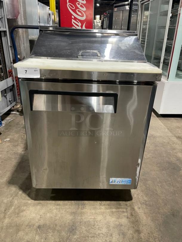 Turbo Air MST-28 commercial stainless steel refrigerated prep table with cutting board, poly coated wire rack, on casters.