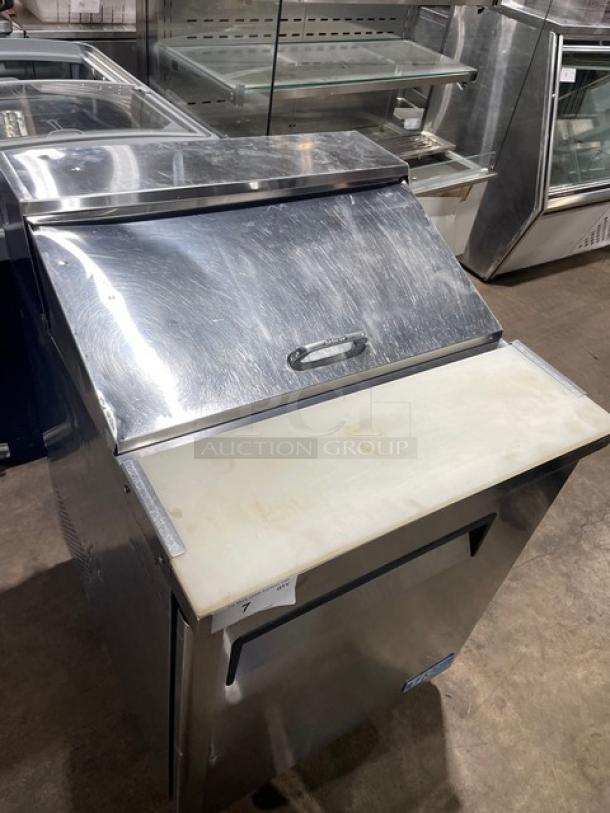 Turbo Air MST-28 stainless steel refrigerated prep table with cutting board, poly coated wire rack, on casters.