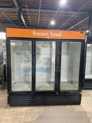 True Commercial Triple Glass Door Merchandiser Freezer, Model GDM-72F, poly coated racks, black, excellent condition.