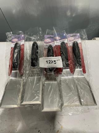 Winco TKP-61 stainless steel hamburger turners with black grip handles, new condition, packaged in set of five.