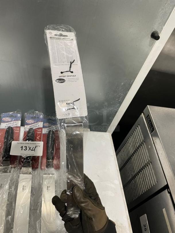 Winco Winware Series stainless steel offset spatula, Model TKPO-9, new in packaging. Black grip handle, commercial-grade.