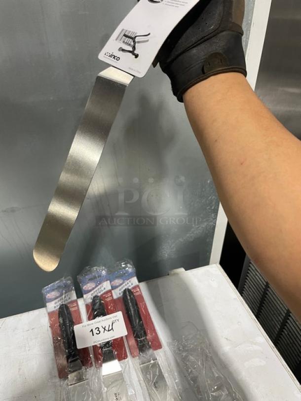 NEW Winco Winware Series offset spatula, stainless steel, black grip handle, Model TKPO-9, commercial grade.