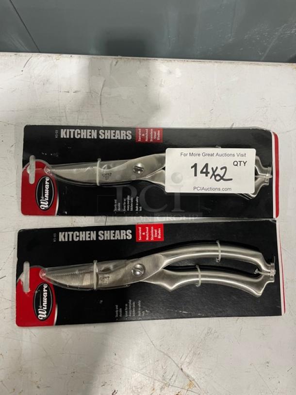 NEW Winco Winware Series kitchen shears, model KS-03, in packaging. Stainless steel, durable, commercial-grade.