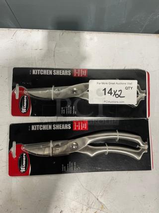NEW Winco Winware Series kitchen shears, model KS-03, in packaging. Stainless steel, durable, commercial-grade.