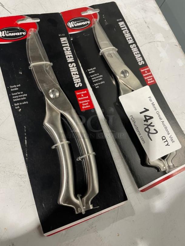 Winco Winware KS-03 kitchen shears in packaging, stainless steel, serrated edges, safety lock, new condition, set of two.