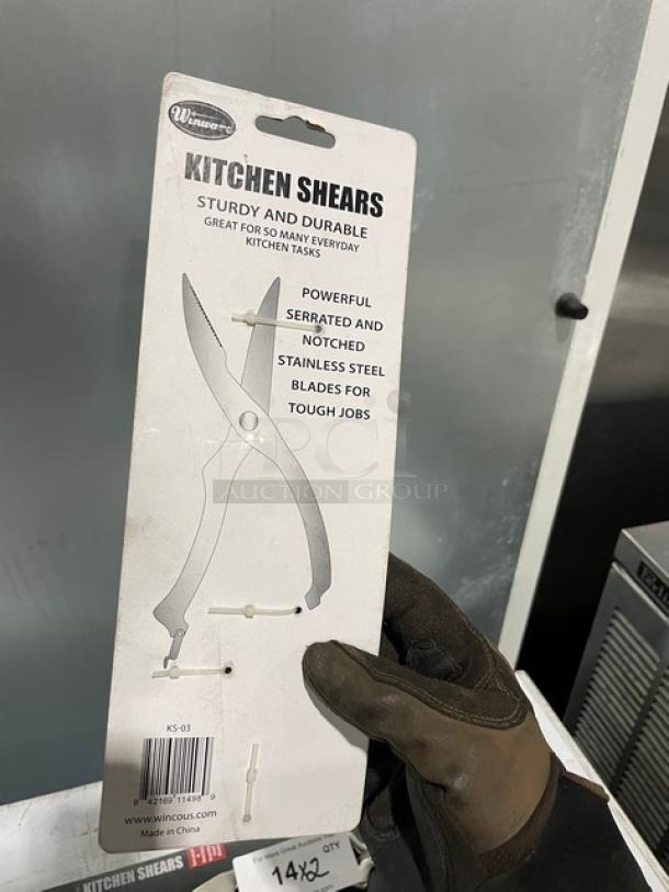 Winco Winware Series KS-03 kitchen shears in packaging, stainless steel, serrated and notched blades, new condition.
