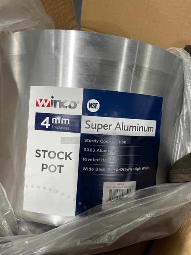 Winco AXS-8 Stock Pot, 8 Qt. New condition, reinforced aluminum, riveted handles, 4mm thickness, NSF certified.
