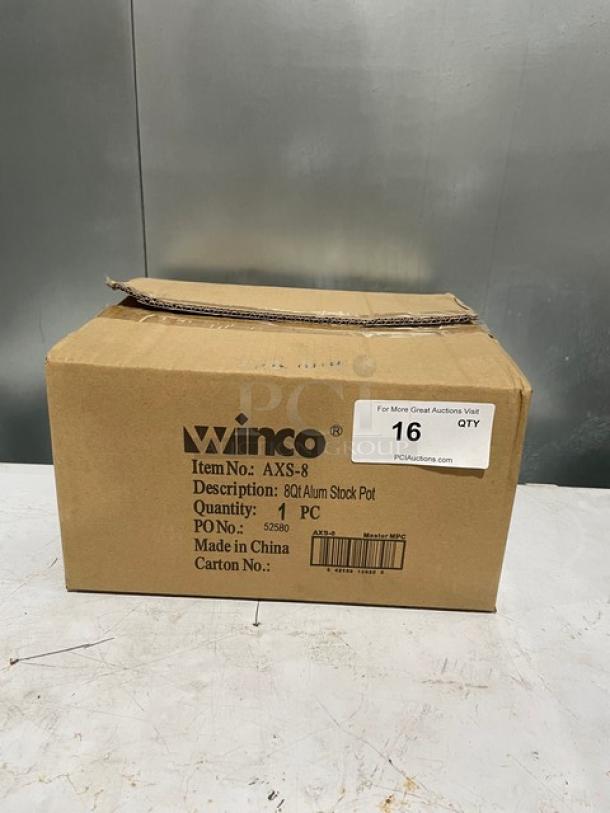 Winco AXS-8 8 Qt. Aluminum Stock Pot in box. Item No: AXS-8. New condition. Reinforced aluminum with handles. Model: AXS8.