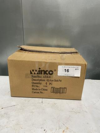 Winco AXS-8 8 Qt. Aluminum Stock Pot in box. Item No: AXS-8. New condition. Reinforced aluminum with handles. Model: AXS8.
