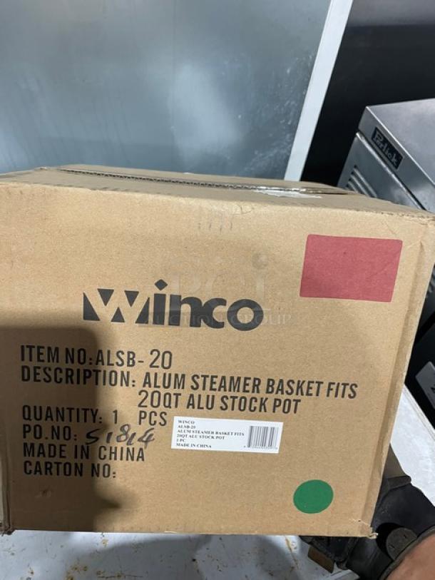 Winco 20 Qt. Aluminum Steamer Basket (Model ALSB20) in box. Features include perforated design and pail handle. New condition.