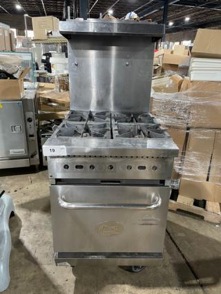 CPG stainless steel 4-burner range/oven combo, model 351S24N, with backsplash and salamander shelf. Natural gas, on casters.
