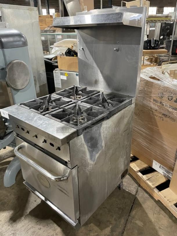 CPG stainless steel 4-burner gas range/oven combo, model 351S24N, with backsplash, overhead salamander shelf, on casters.