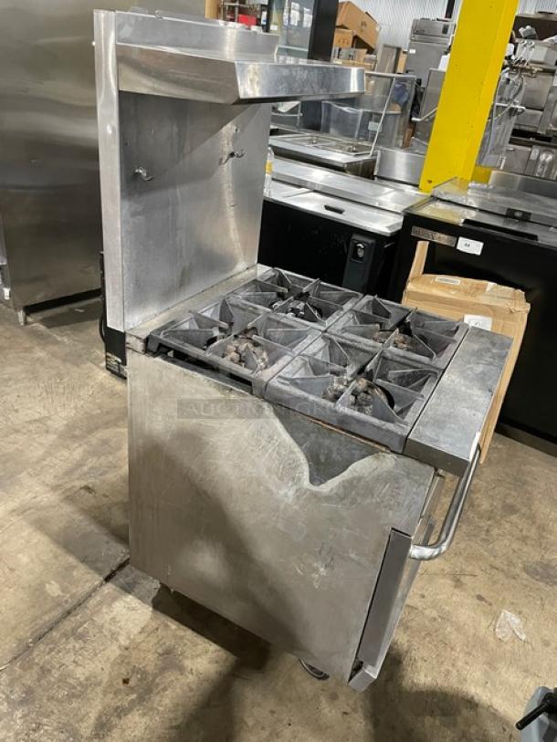 CPG Commercial Stainless Steel 4 Burner Range/Oven Combo, Model 351S24N, with back splash, overhead salamander shelf, on casters.