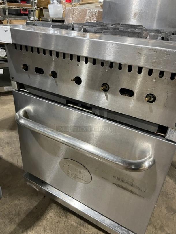 CPG Commercial stainless steel 4-burner range/oven combo on casters, Model 351S24N, with backsplash and overhead salamander shelf.