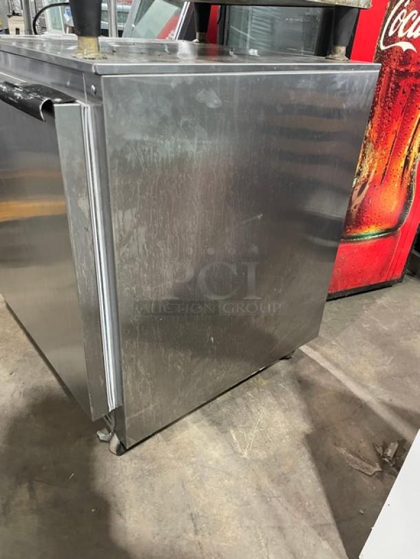 Beverage-Air UCR27 stainless steel single door undercounter worktop refrigerator with poly-coated wire racks, 115V.