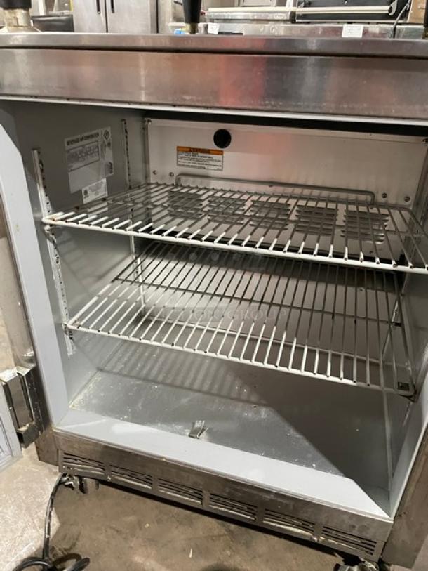 Beverage-Air UCR27 stainless steel undercounter refrigerator with poly-coated wire racks, 115V, single door, good condition.