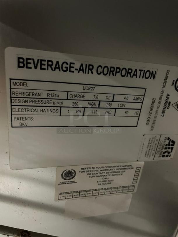 Beverage-Air Model UCR27 label, showing specifications: R134a refrigerant, 115V, 1 Phase, and technical details.