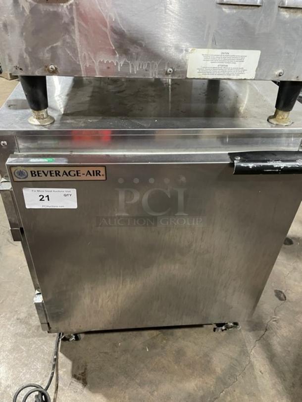 Beverage-Air UCR27 stainless steel single-door undercounter refrigerator with poly-coated wire racks, 115V, commercial use.