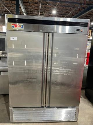 US Refrigeration Model USBV-48R commercial stainless steel 2-door reach-in refrigerator, features poly coated wire racks, 115V 1 Phase, SN: US2014VA403.