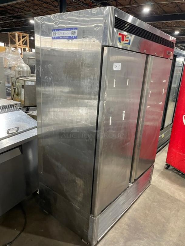 US Refrigeration stainless steel 2-door reach-in refrigerator, model USBV-48R, with poly-coated wire racks, SN: US2014VA403.