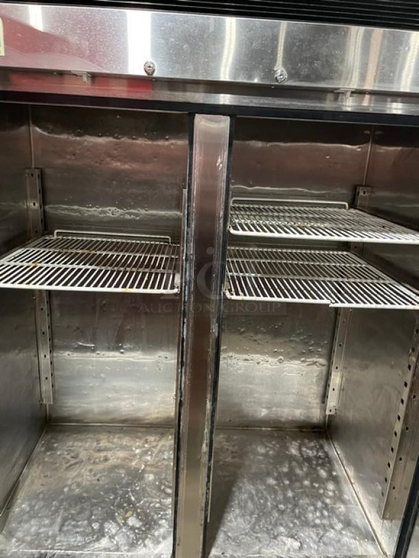 US Refrigeration 2-door stainless steel commercial refrigerator, model USBV-48R, with poly-coated wire racks, 115V, 1 phase.