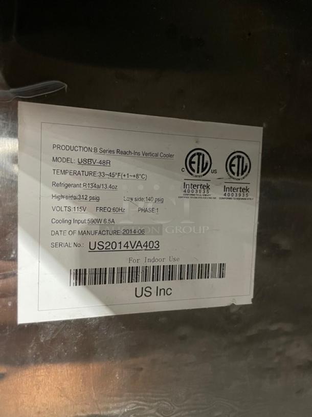 US Refrigeration 2-door reach-in refrigerator, model USBV-48R, with poly coated wire racks, 115V 1-phase, SN: US2014VA403.