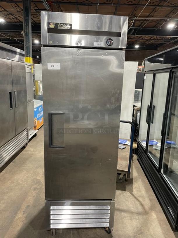 True T-23 stainless steel single door reach-in refrigerator. Energy Star certified, on casters, model and serial number visible.
