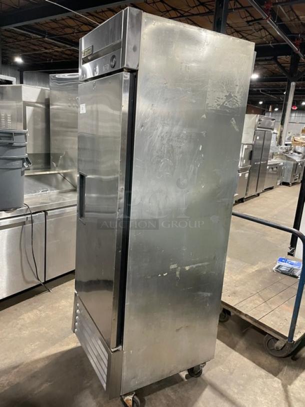 True T-23 commercial stainless steel single door reach-in refrigerator, Energy Star certified, model T-23, on casters.