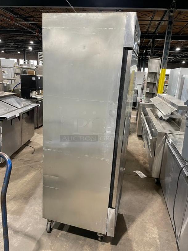 True T-23 stainless steel single door reach-in refrigerator, Energy Star certified, on casters, in good condition.