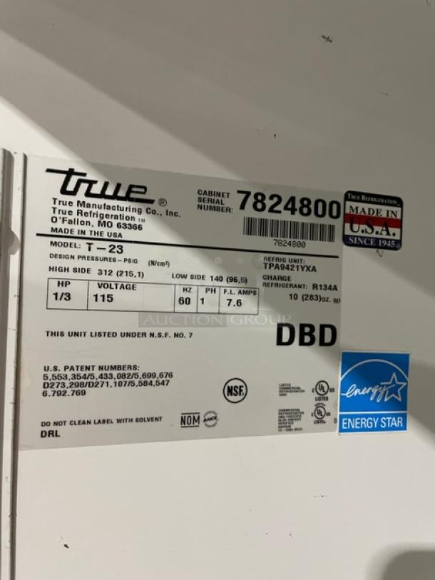 True T-23 commercial stainless steel single door refrigerator, Energy Star certified, model SN: 7824800, on casters.