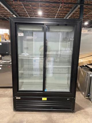 Imbera VRD43 commercial black glass sliding door refrigerator, Energy Star certified, with poly coated wire racks.