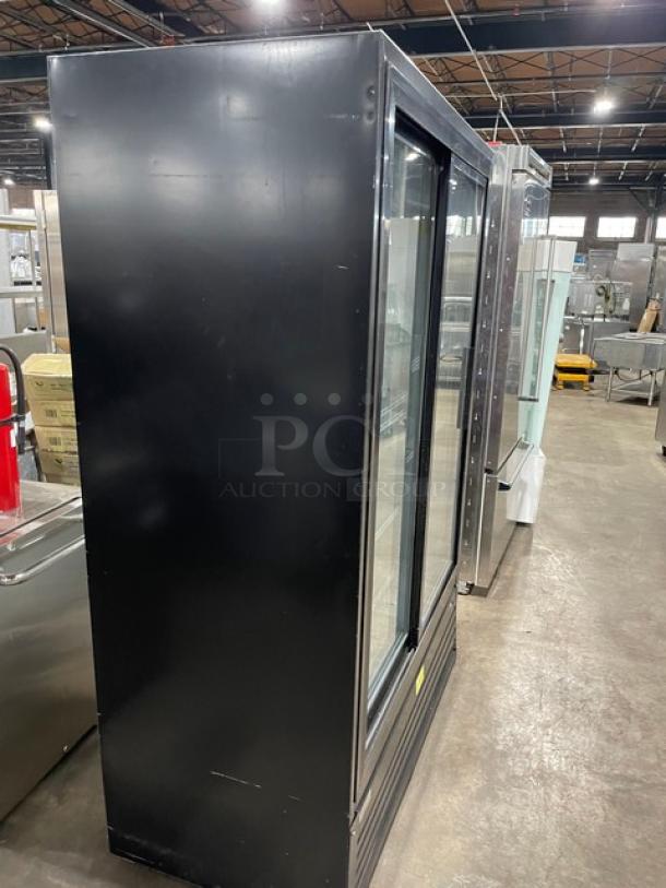 Imbera VRD43 black commercial fridge, 2020 model, double glass sliding doors, Energy Star certified, poly-coated wire racks.