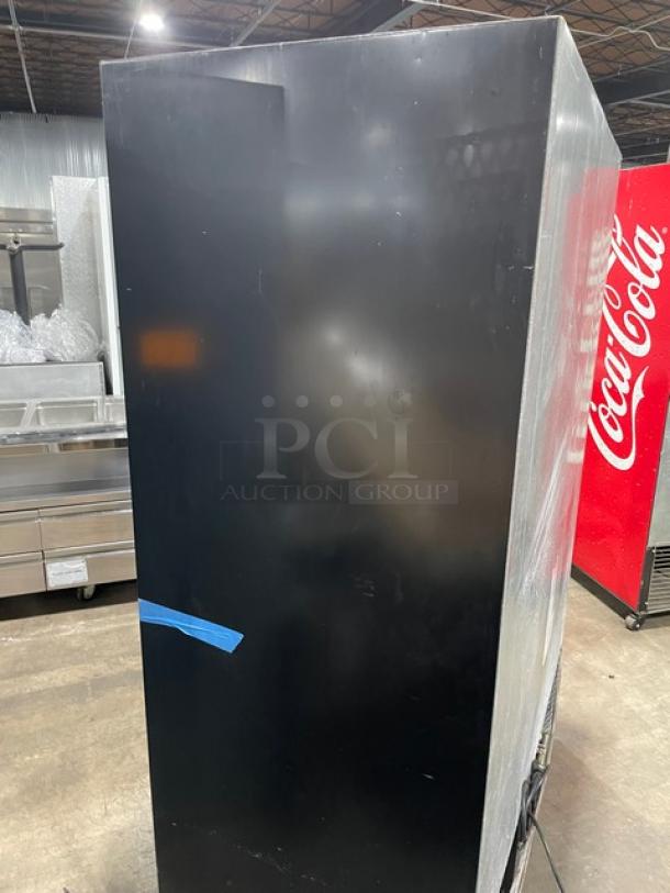 Imbera 2020 commercial black double glass sliding door reach-in merchandiser refrigerator, model VRD43, in good condition.