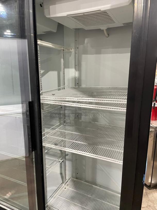 Imbera VRD43 commercial black double glass sliding door merchandiser refrigerator, Energy Star Certified, poly coated wire racks.
