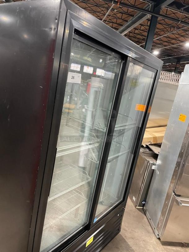 Imbera 2020 commercial black double glass sliding door refrigerator, model VRD43, Energy Star certified, with poly-coated wire racks.