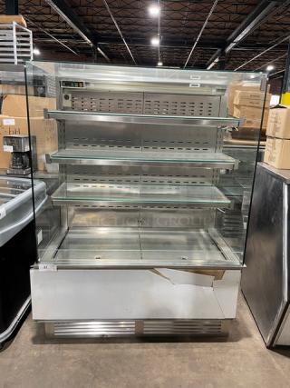 Commercial stainless steel grab-n-go display case, straight glass, multi-tier, refrigerated, adjustable shelves, used condition.