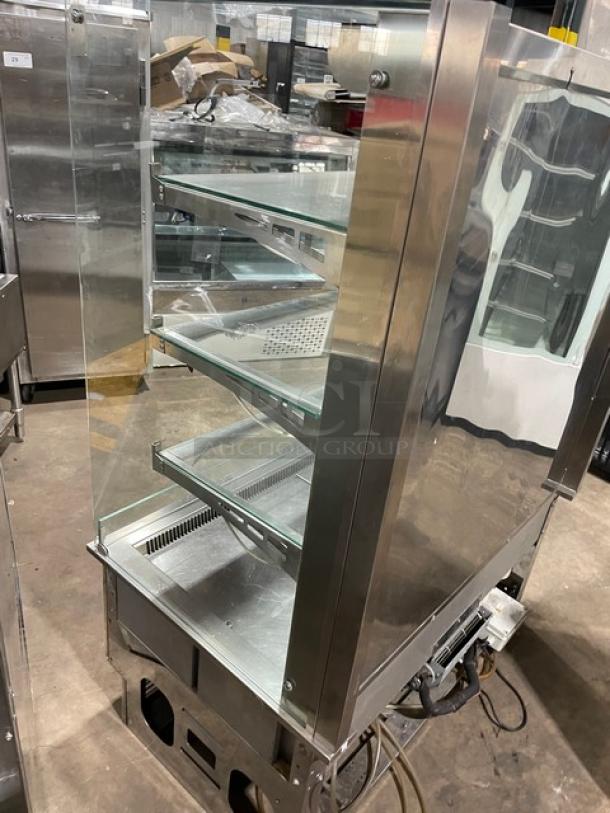 Commercial stainless steel straight glass refrigerated grab-n-go display case with multi-tier adjustable shelves, excellent condition.