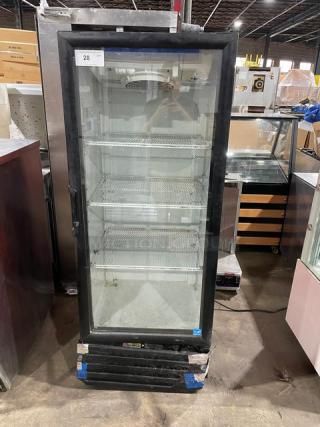 Imbera VR12C02 Coca-Cola style black fridge, single glass swing door, poly coated wire racks, Energy Star, model 2017.