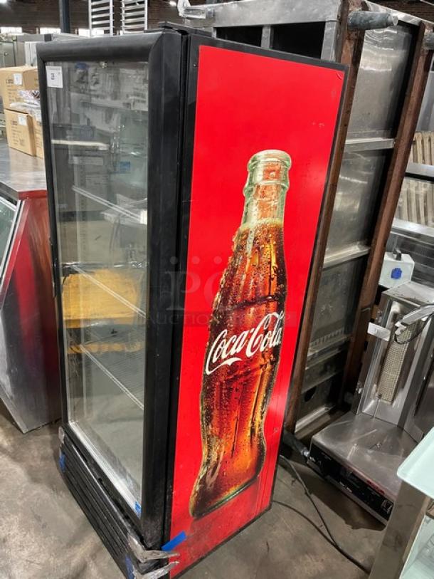 Imbera VR12C02 Coca-Cola style merchandiser refrigerator, black single glass swing door, poly coated wire racks, 2017 model.