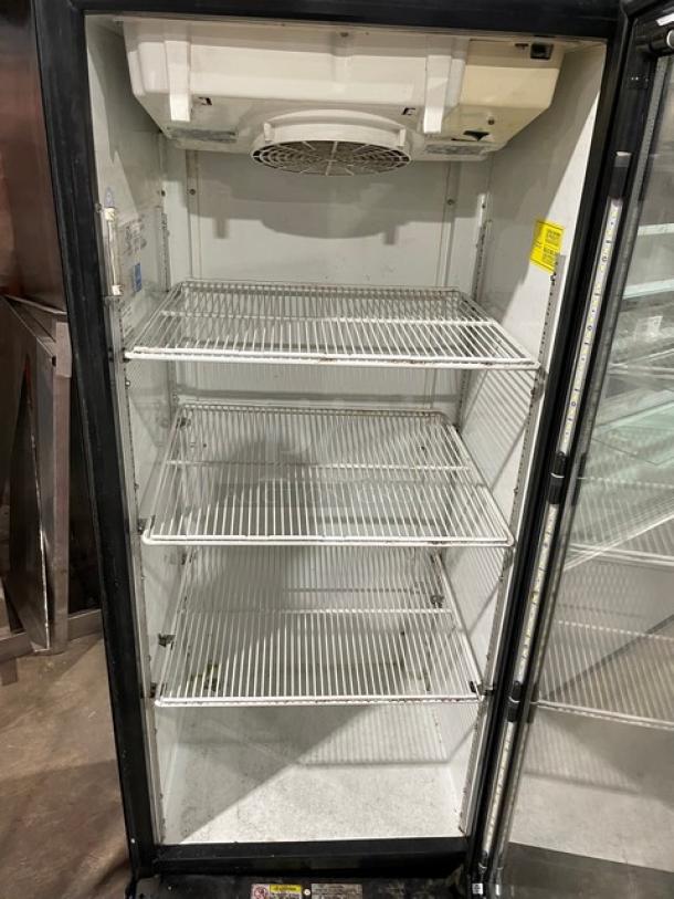 Imbera VR12C02 Coca-Cola style black merchandiser fridge; single glass door, poly coated wire racks, excellent condition.