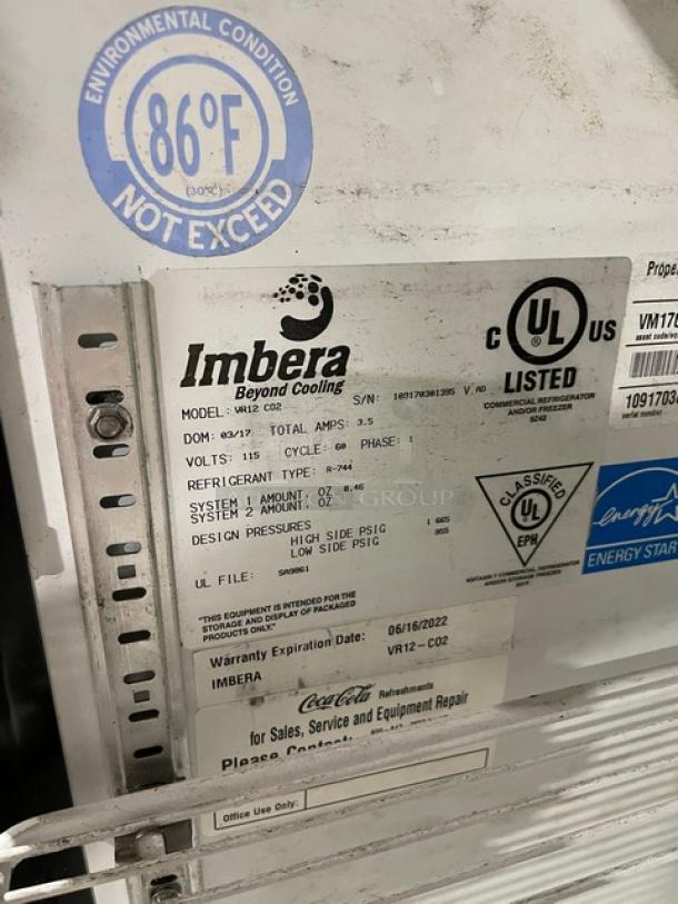 Imbera VR12C02 refrigerator label details, UL listed, Energy Star certified, Model VR12C02, SN 109170301395, Coca-Cola branding.